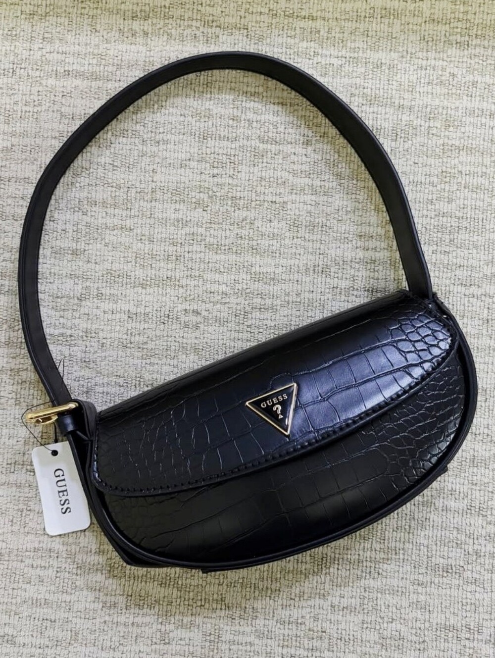 GUESS Black Croc-Embossed Flap Shoulder Bag